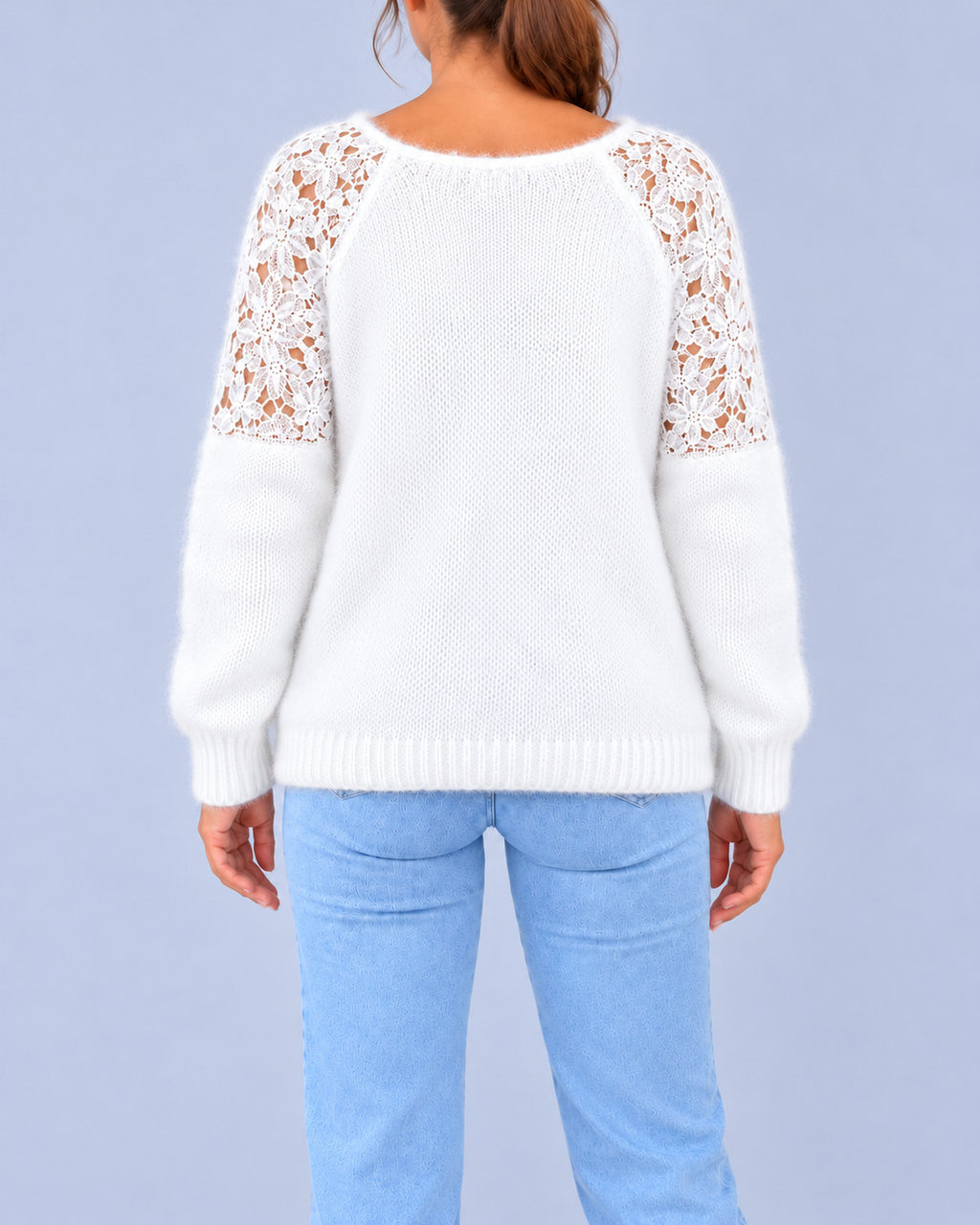 Women's Fluffy Knit Jumper with Floral Lace Panels and Raglan Sleeves – White – 3