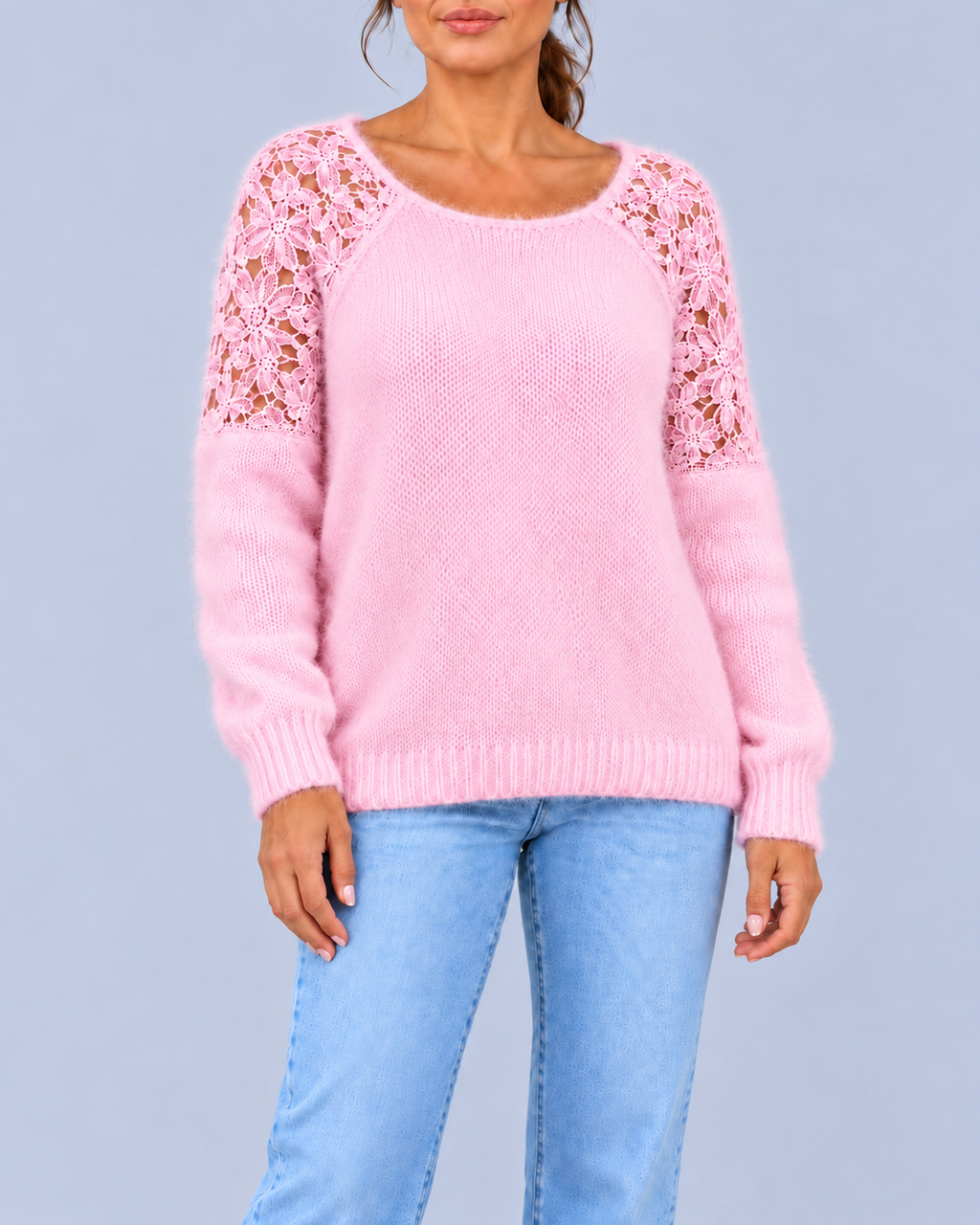 Women's Fluffy Knit Jumper with Floral Lace Panels and Raglan Sleeves – Pink – 1