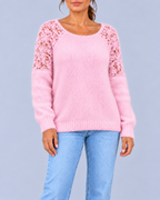 Women's Fluffy Knit Jumper with Floral Lace Panels and Raglan Sleeves – Pink – 1