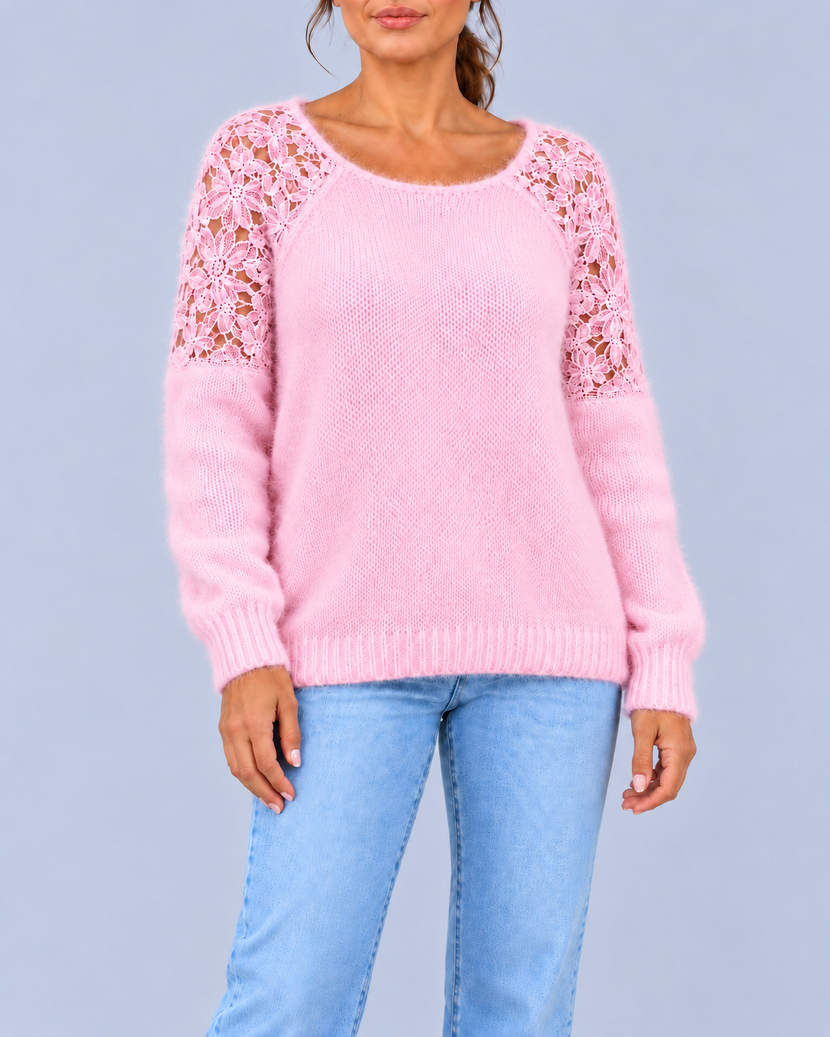 Women's Fluffy Knit Jumper with Floral Lace Panels and Raglan Sleeves – Pink – 1