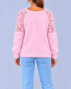 Women's Fluffy Knit Jumper with Floral Lace Panels and Raglan Sleeves – Pink – 3
