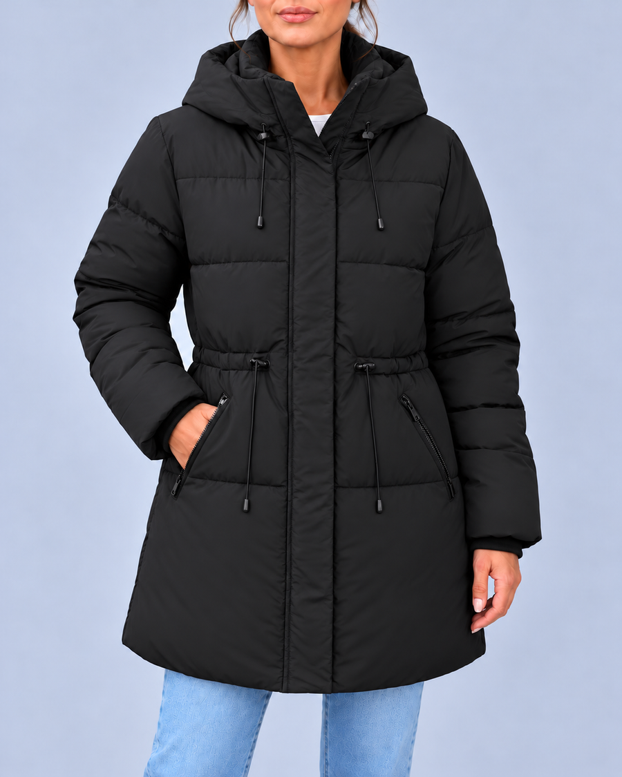 Women's Hooded Padded Coat with Adjustable Waist and Zip Pockets