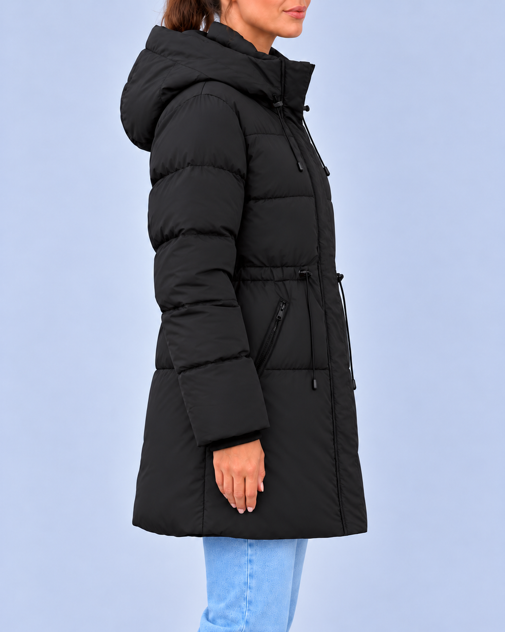 Women's Hooded Padded Coat with Adjustable Waist & Zip Pockets – Black – 2