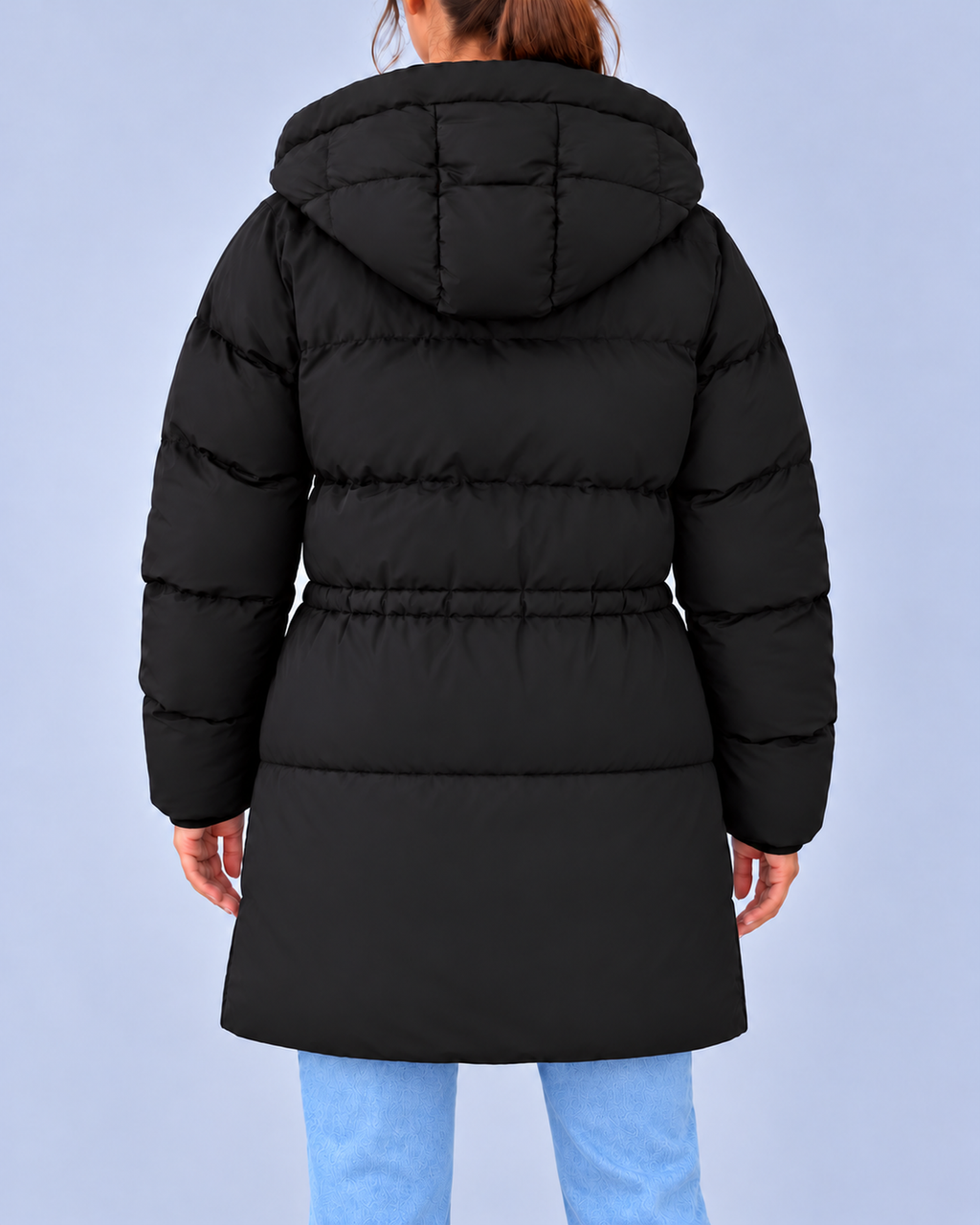 Women's Hooded Padded Coat with Adjustable Waist & Zip Pockets – Black – 3