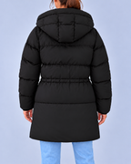 Women's Hooded Padded Coat with Adjustable Waist & Zip Pockets – Black – 3