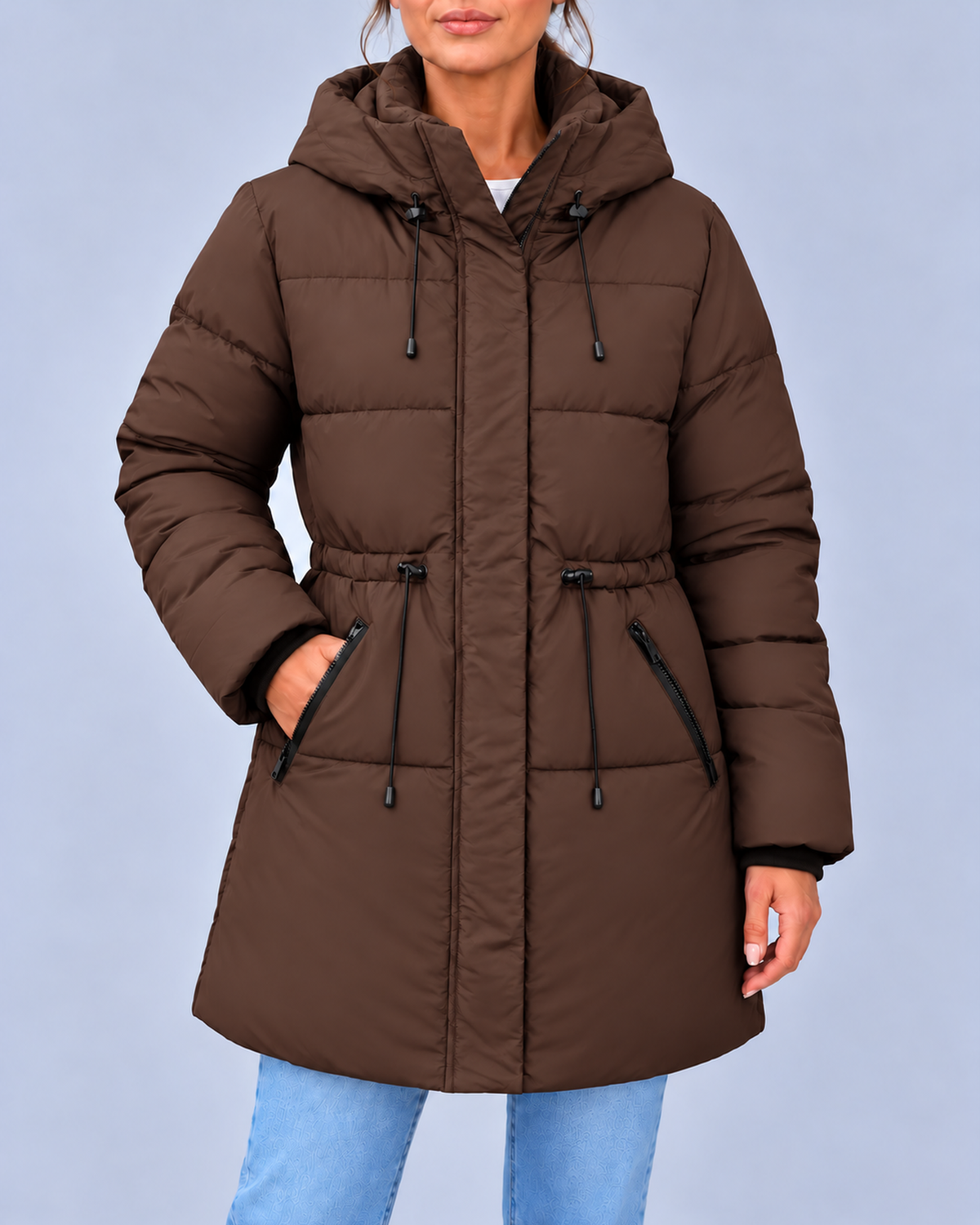Women's Hooded Padded Coat with Adjustable Waist & Zip Pockets – Brown – 1