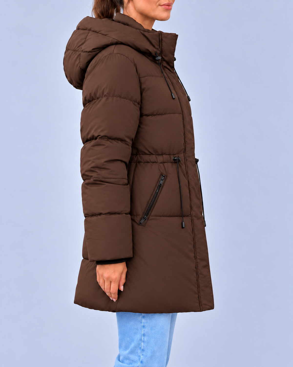 Women's Hooded Padded Coat with Adjustable Waist & Zip Pockets – Brown – 2
