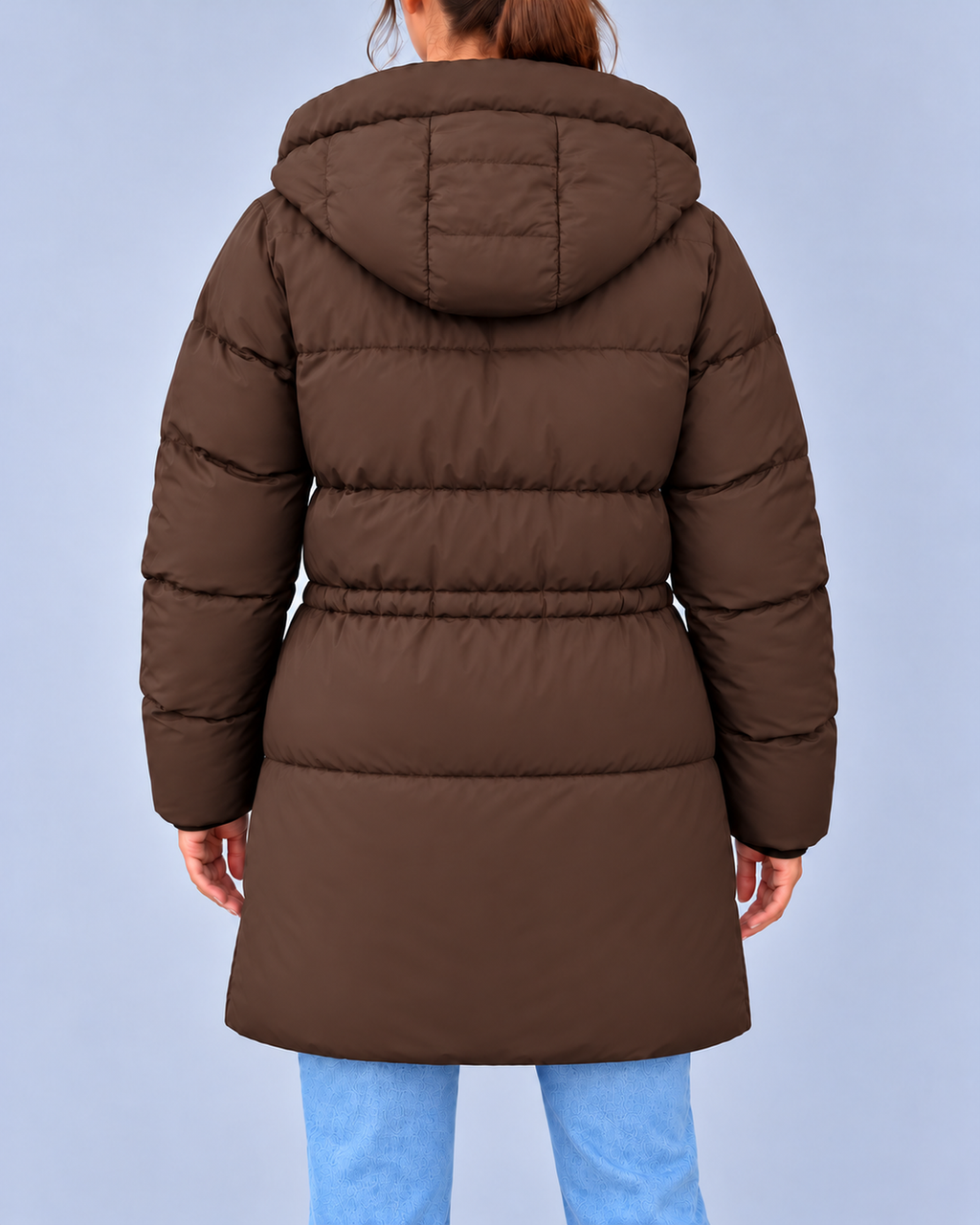 Women's Hooded Padded Coat with Adjustable Waist & Zip Pockets – Brown – 3