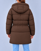 Women's Hooded Padded Coat with Adjustable Waist & Zip Pockets – Brown – 3