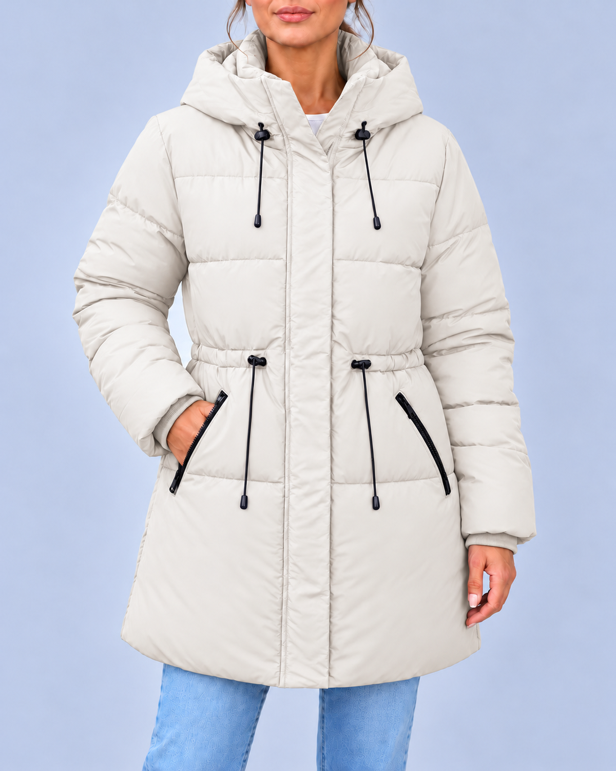 Women's Hooded Padded Coat with Adjustable Waist & Zip Pockets – White – 1