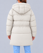 Women's Hooded Padded Coat with Adjustable Waist & Zip Pockets – White – 3