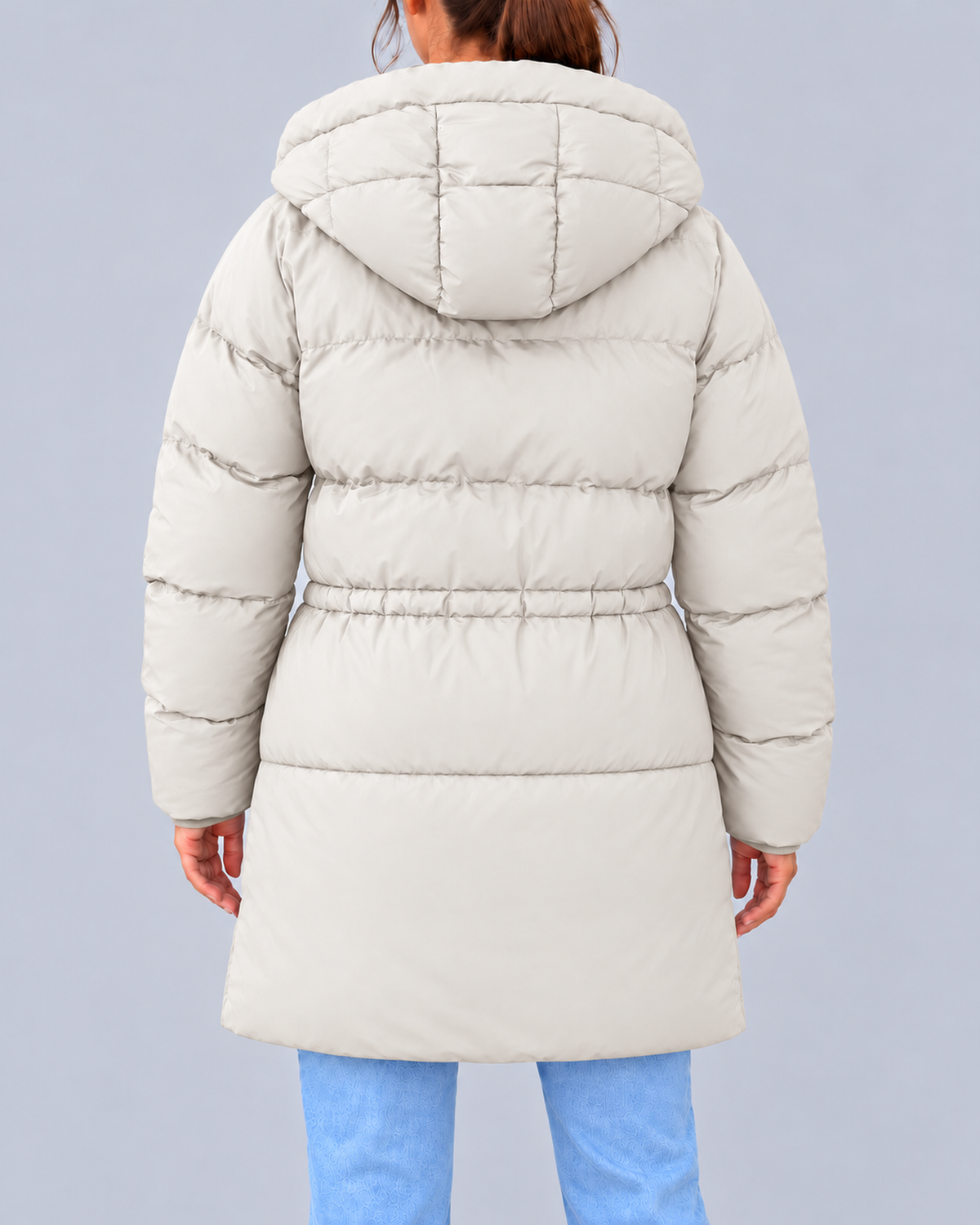 Women's Hooded Padded Coat with Adjustable Waist & Zip Pockets – White – 3