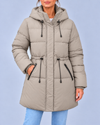 Women's Hooded Padded Coat with Adjustable Waist & Zip Pockets – Khaki – 1