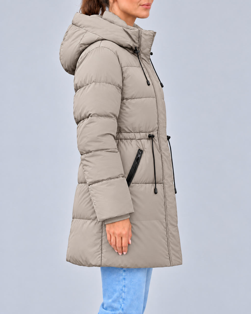 Women's Hooded Padded Coat with Adjustable Waist & Zip Pockets – Khaki – 2