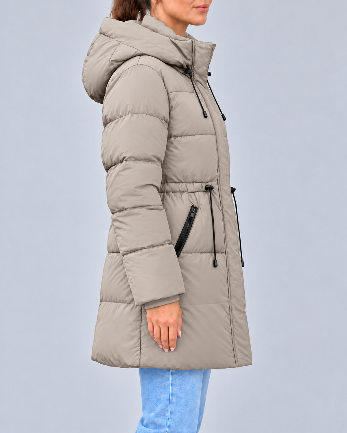 Women's Hooded Padded Coat with Adjustable Waist & Zip Pockets – Khaki – 2