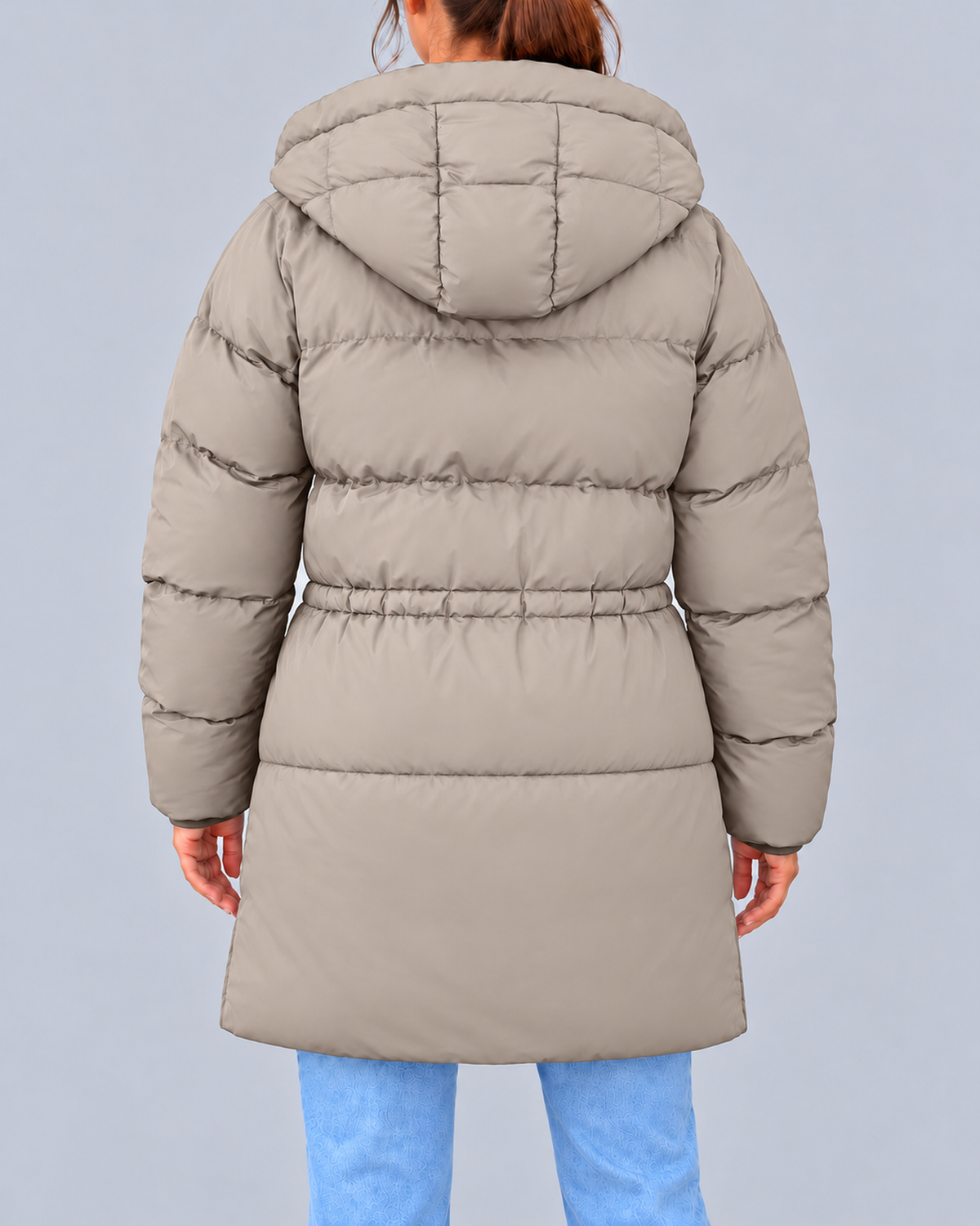 Women's Hooded Padded Coat with Adjustable Waist & Zip Pockets – Khaki – 3