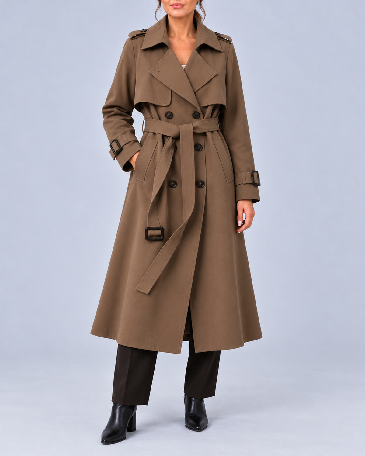 Women's Long Double-Breasted Trench Coat with Belt and Buckle Cuffs – Dark Brown – 1