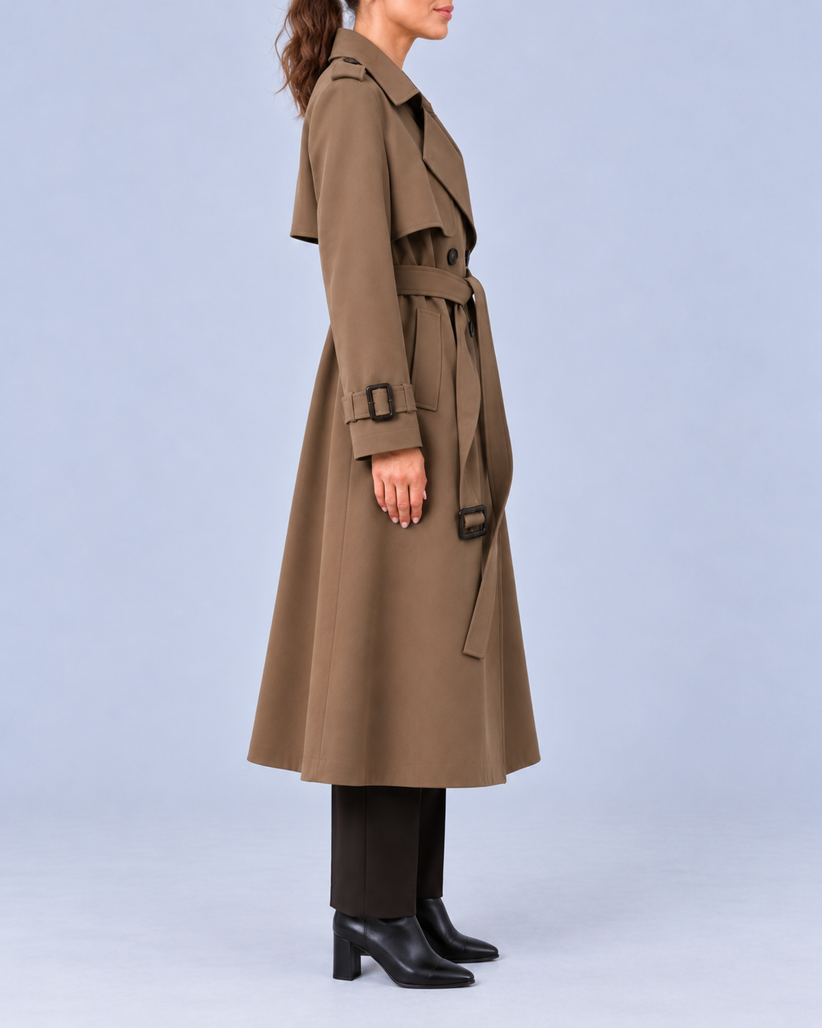 Women's Long Double-Breasted Trench Coat with Belt and Buckle Cuffs – Dark Brown – 2