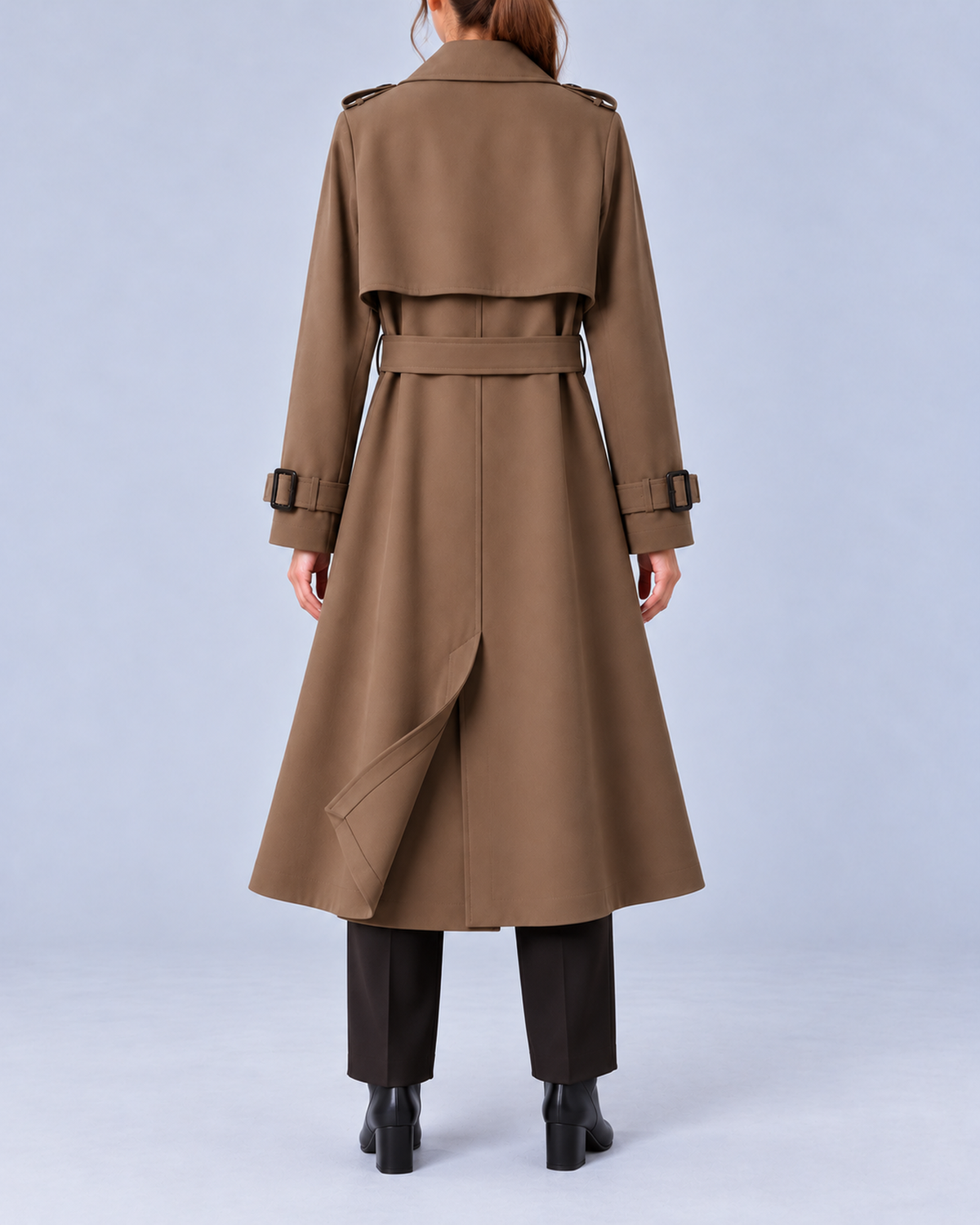 Women's Long Double-Breasted Trench Coat with Belt and Buckle Cuffs – Dark Brown – 3