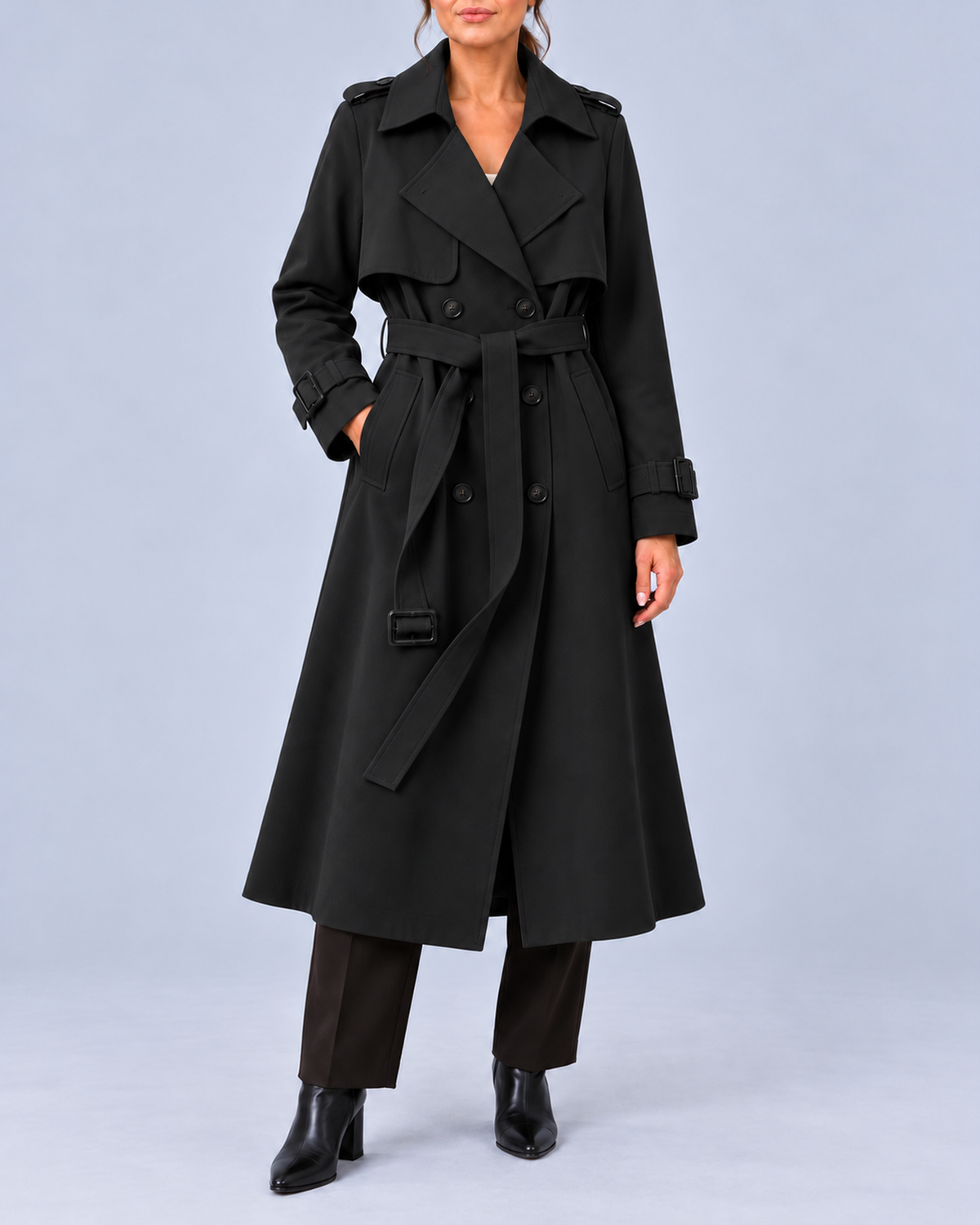 Women's Long Double-Breasted Trench Coat with Belt and Buckle Cuffs – Black – 1