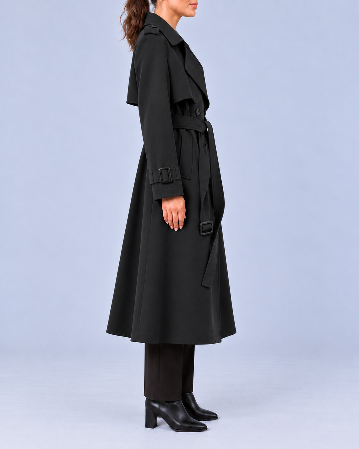 Women's Long Double-Breasted Trench Coat with Belt and Buckle Cuffs – Black – 2