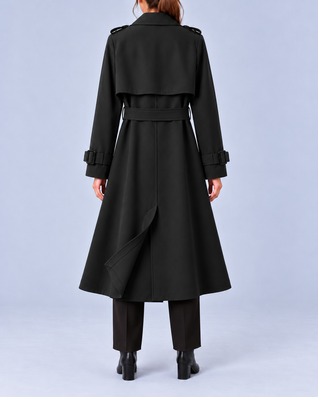 Women's Long Double-Breasted Trench Coat with Belt and Buckle Cuffs – Black – 3