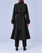 Women's Long Double-Breasted Trench Coat with Belt and Buckle Cuffs – Black – 3