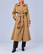 Women's Long Double-Breasted Trench Coat with Belt and Buckle Cuffs – Camel – 1