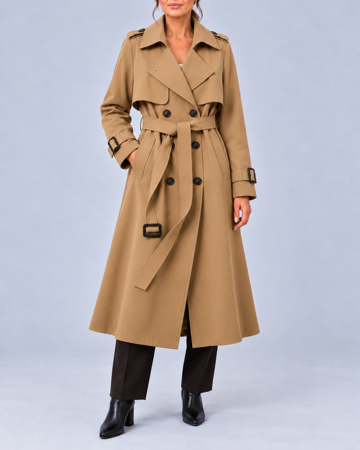 Women's Long Double-Breasted Trench Coat with Belt and Buckle Cuffs – Camel – 1