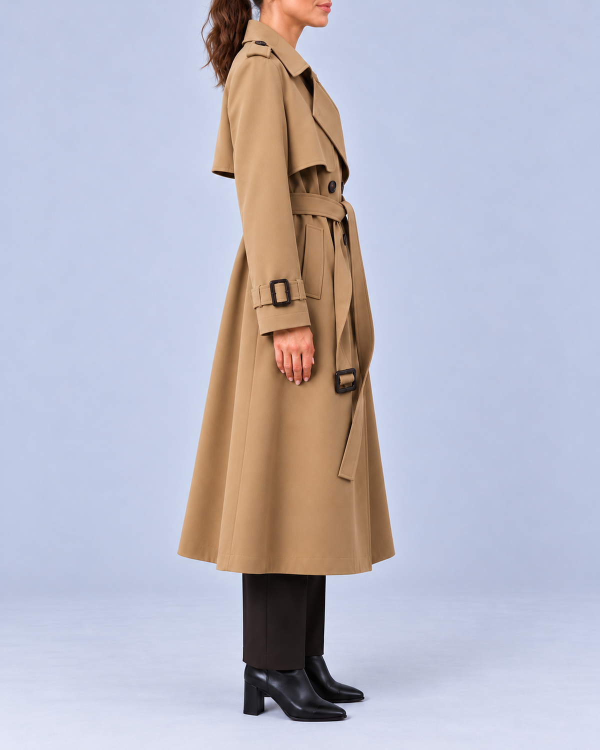 Women's Long Double-Breasted Trench Coat with Belt and Buckle Cuffs – Camel – 2
