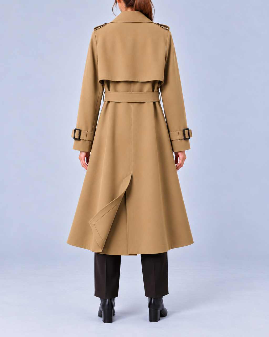 Women's Long Double-Breasted Trench Coat with Belt and Buckle Cuffs – Camel – 3