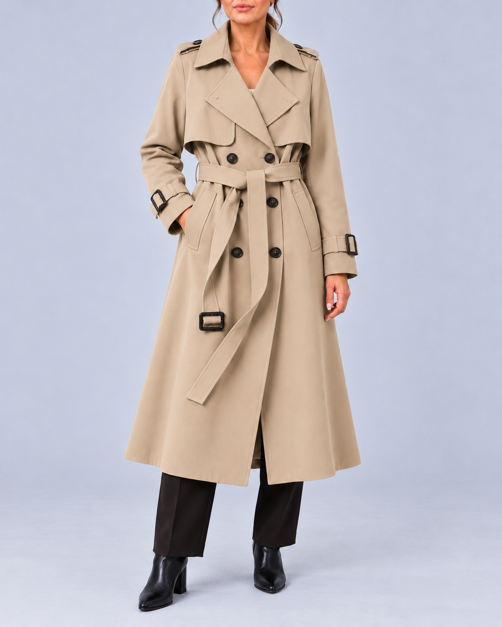 Women's Long Double-Breasted Trench Coat with Belt and Buckle Cuffs – Beige – 1