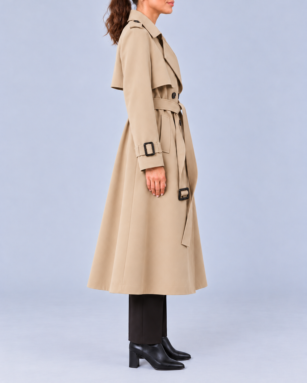 Women's Long Double-Breasted Trench Coat with Belt and Buckle Cuffs – Beige – 2