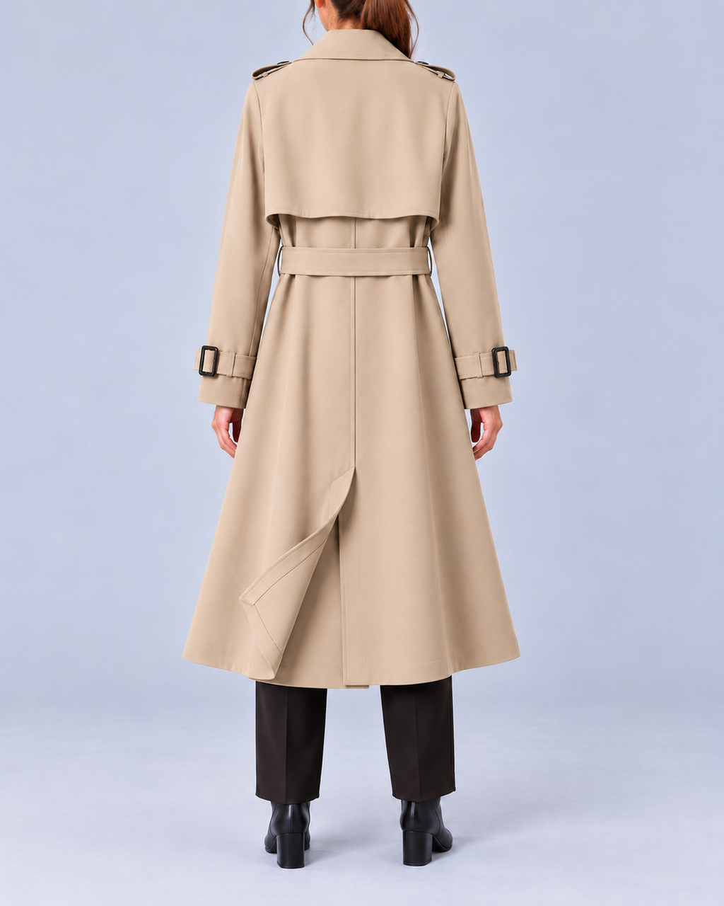 Women's Long Double-Breasted Trench Coat with Belt and Buckle Cuffs – Beige – 3