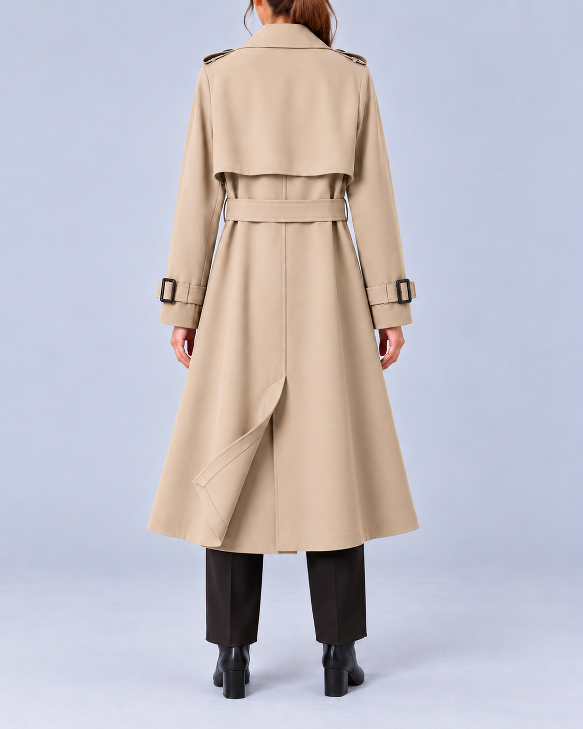 Women's Long Double-Breasted Trench Coat with Belt and Buckle Cuffs – Beige – 3