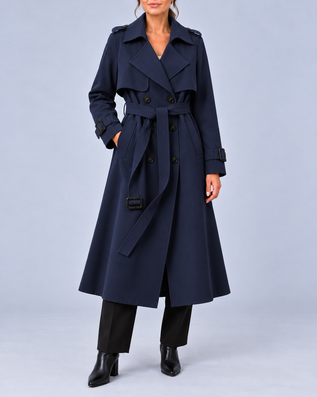Women's Long Double-Breasted Trench Coat with Belt and Buckle Cuffs – Navy – 1