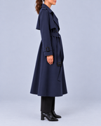 Women's Long Double-Breasted Trench Coat with Belt and Buckle Cuffs – Navy – 2
