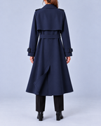 Women's Long Double-Breasted Trench Coat with Belt and Buckle Cuffs – Navy – 3
