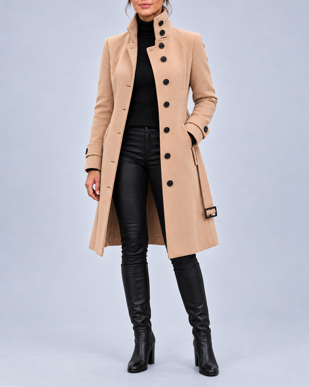 Women's Longline Coat with High Stand Collar and Buckled Belt – Beige – 1