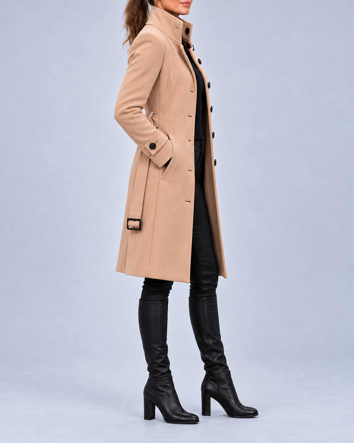 Women's Longline Coat with High Stand Collar and Buckled Belt – Beige – 2