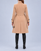 Women's Longline Coat with High Stand Collar and Buckled Belt – Beige – 3