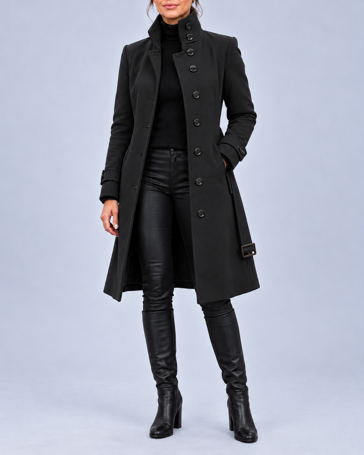 Women's Longline Coat with High Stand Collar and Buckled Belt – Black – 1