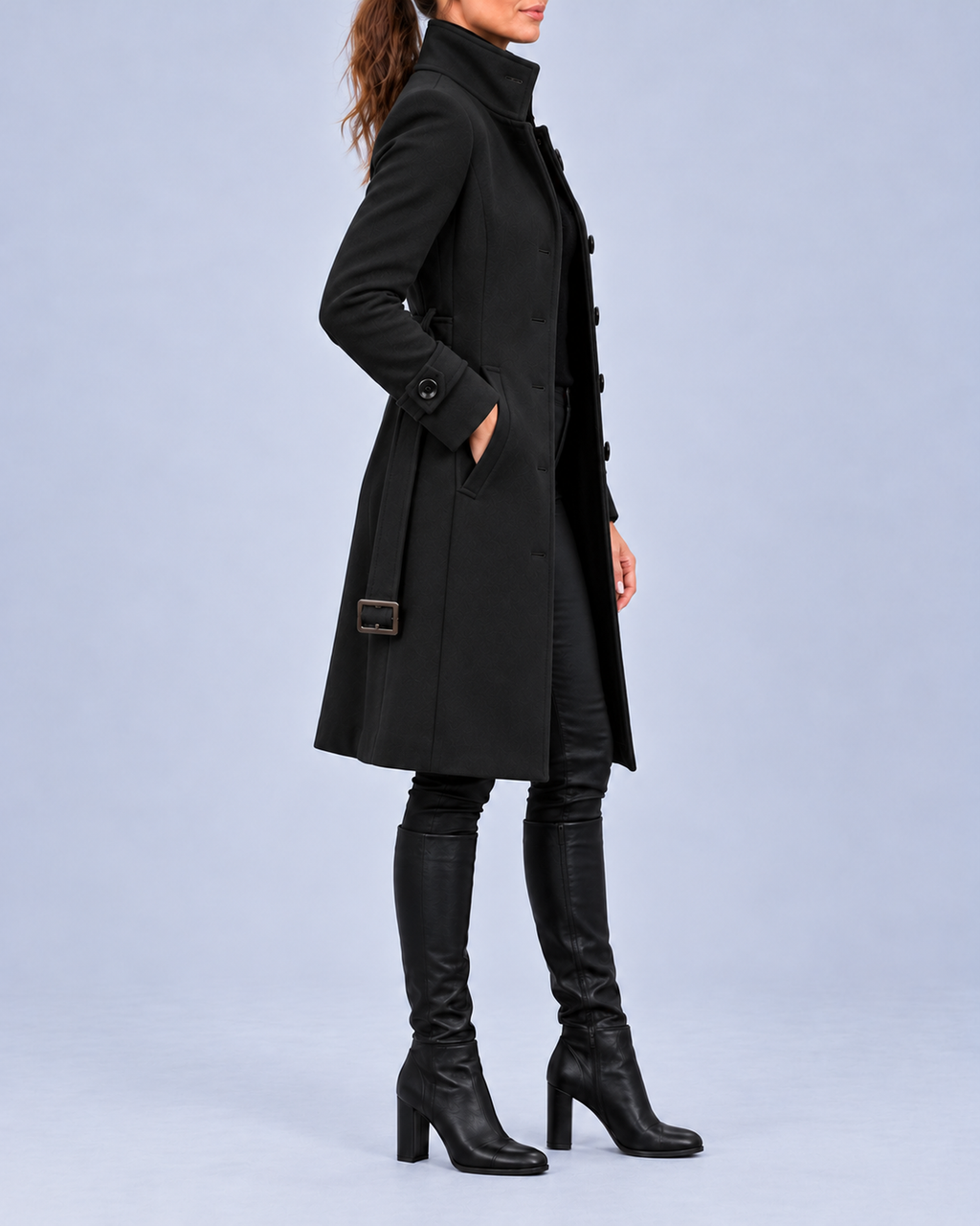 Women's Longline Coat with High Stand Collar and Buckled Belt – Black – 2