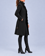 Women's Longline Coat with High Stand Collar and Buckled Belt – Black – 2