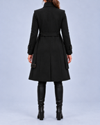 Women's Longline Coat with High Stand Collar and Buckled Belt – Black – 3