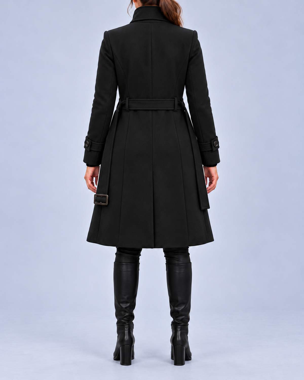 Women's Longline Coat with High Stand Collar and Buckled Belt – Black – 3