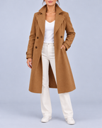 Women's Longline Double Breasted Coat with Broad Lapels and Welt Pockets – Camel – 1