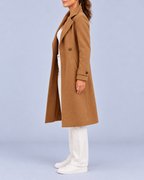 Women's Longline Double Breasted Coat with Broad Lapels and Welt Pockets – Camel – 2