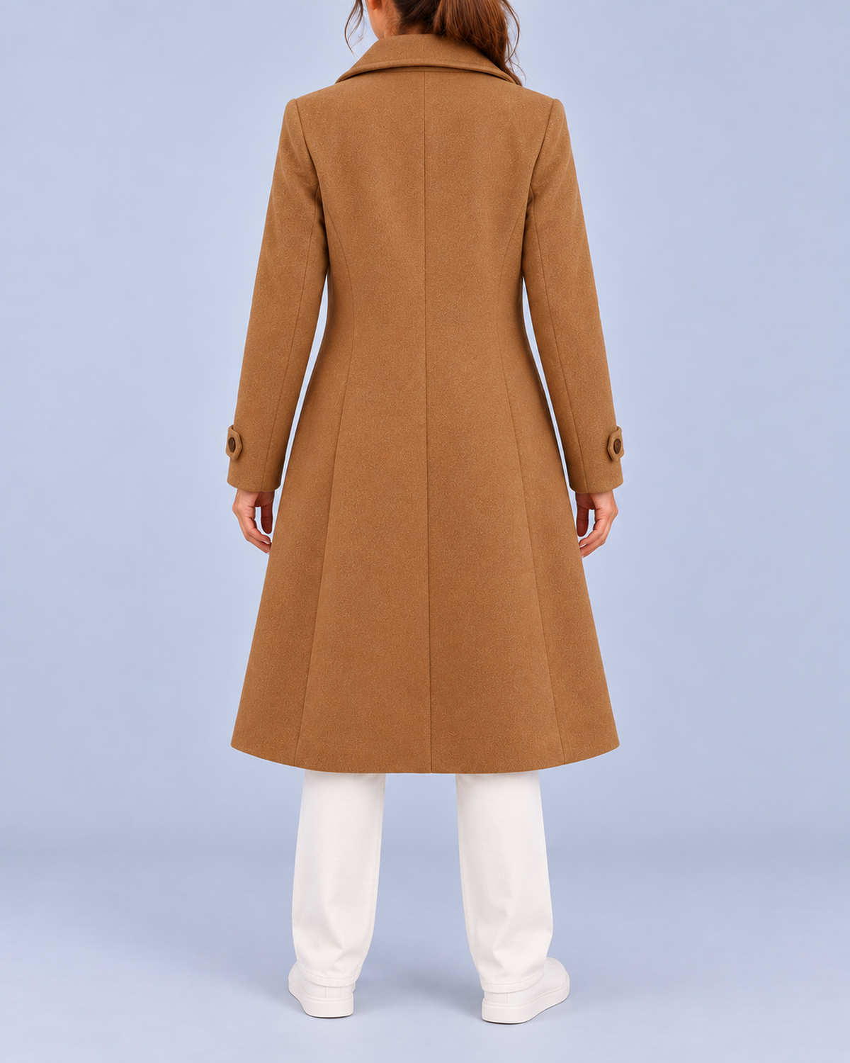 Women's Longline Double Breasted Coat with Broad Lapels and Welt Pockets – Camel – 3