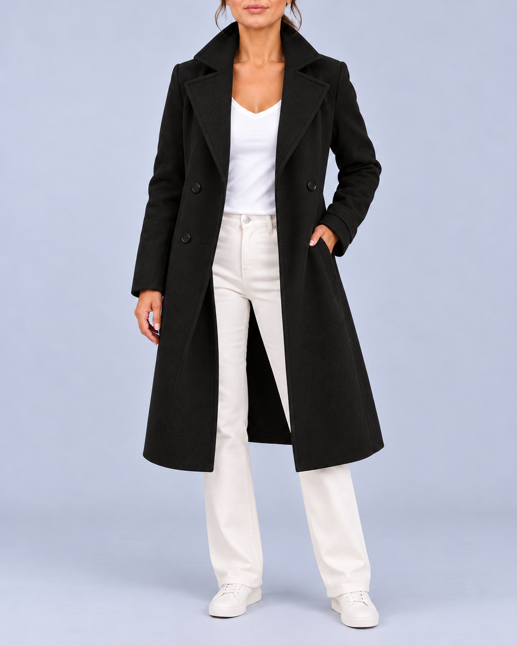 Women's Longline Double Breasted Coat with Broad Lapels and Welt Pockets – Black – 1